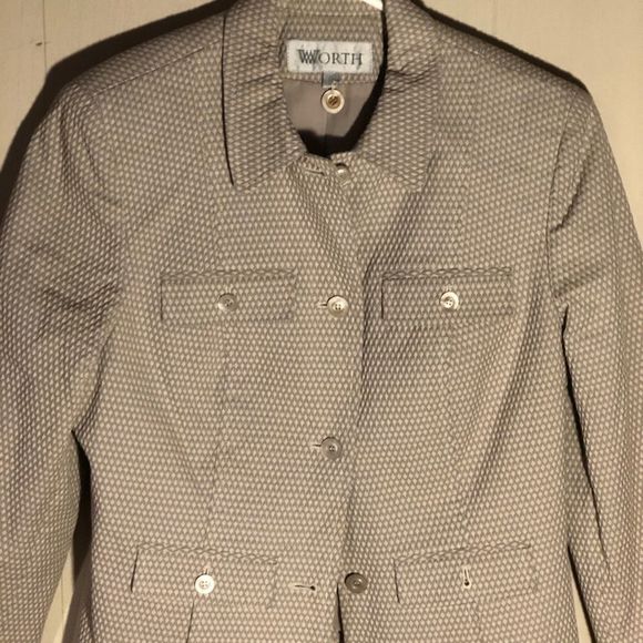 Worth/beige grey plaid tweed button front blazer collared w 4 front pockets - Picture 2 of 7